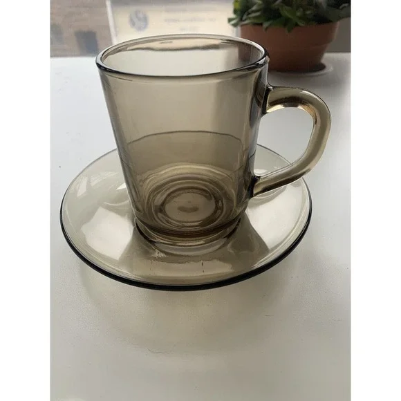 VTG Single Arcoroc France Smokey Gray Coffee Mug And Saucer Rare - Picture 3 of 7